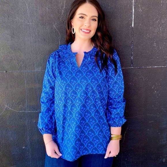 washco Tops - Washco‎ Blue Cotton Ruffle Long Sleeve Folk Blouse Heritage Floral Size XL